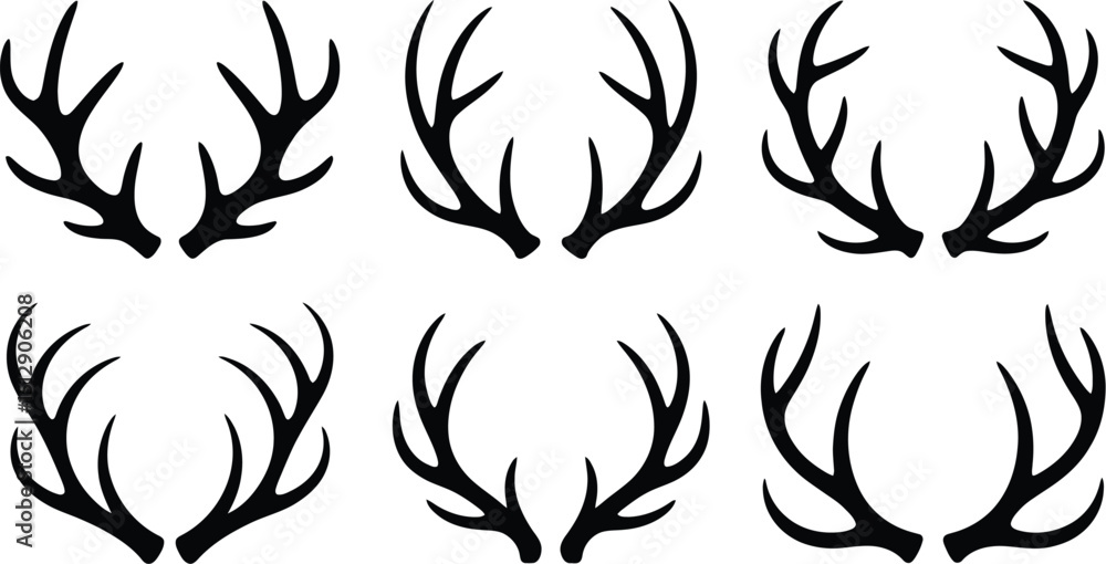 Poster Six sets of black deer antlers arranged in two rows on a white background in a vector style image