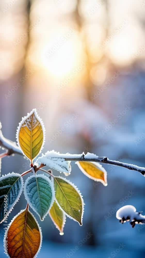 Poster closeup of frosted colorful leaves on a tree branch with sunlight and bokeh effect in a blurry fores