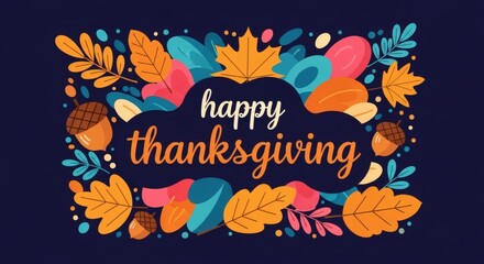 Fototapeta premium Happy Thanksgiving Colorful Autumn Leaves and Acorns Design