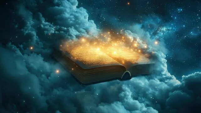 Magic book floating in starry night clouds