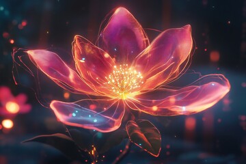 A glowing digital flower made of interlocking geometric shapes, surrounded by soft light and neon glow,  created by ai