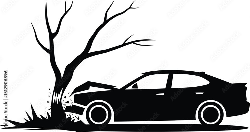 Aufkleber black silhouette of a car crashed into a tree with damaged front end on a white background scene vie