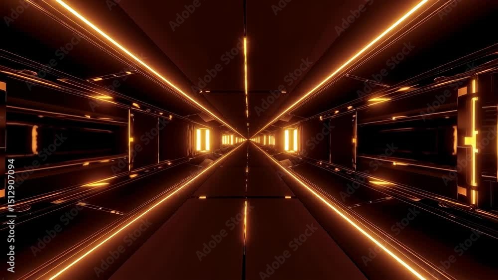 Poster endless illuminated tunnel with symmetrical perspective and glowing light elements, dark background,