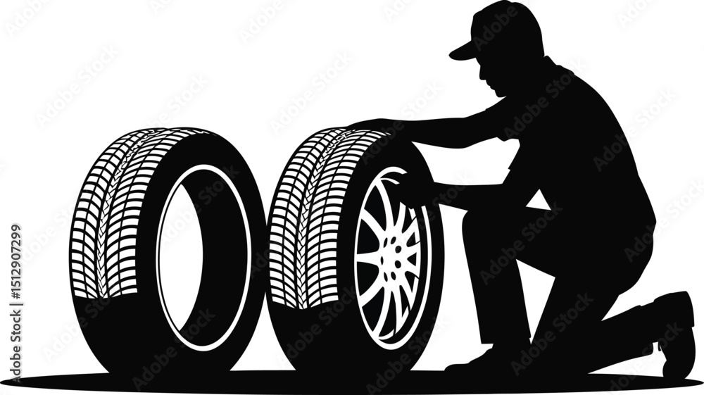 Poster silhouette of mechanic inspecting tires with rims on white background in a studio setting image