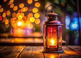 Glowing Lantern, Warm Vintage Ambiance, Dark Background, Photography