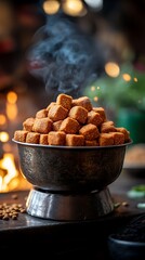 Stacked cubes of snacks steaming in a bowl
