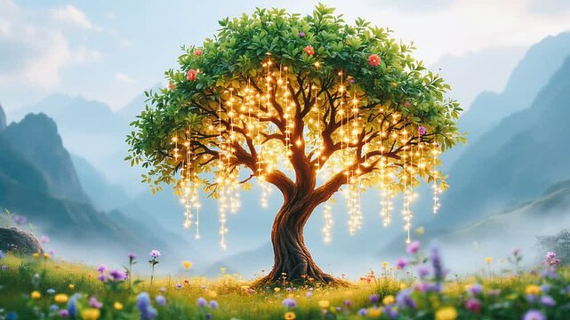 cute tree field, christmas lights decoration, festive outdoor scenes, charming holiday vibes, colorful outdoor lights, serene field views, winter wonderland aesthetics, cozy tree setup, enchanting hol