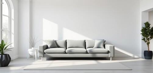 Sleek grey sofa, white walls, minimalist decor, natural light, texture, apartment