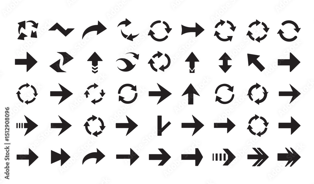Poster collection of black silhouette arrows in various styles for navigation and directional concepts