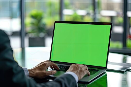 Businessman Using Green Screen Laptop in Company Office Closeup Manager Working
