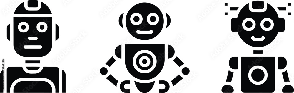 Poster three black and white robot icons standing side by side on a white background in a horizontal line