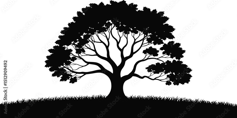 Poster silhouette of a large tree with grass at the bottom against a white background in a simple illustrat