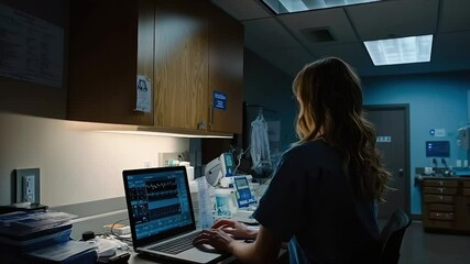 Night shift nurse working on laptop in medical office - Powered by Adobe