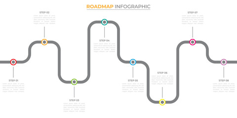 Infographic roadmap design template. Business Timeline of 8 Important Business Events annual business presentation. Vector illustration
