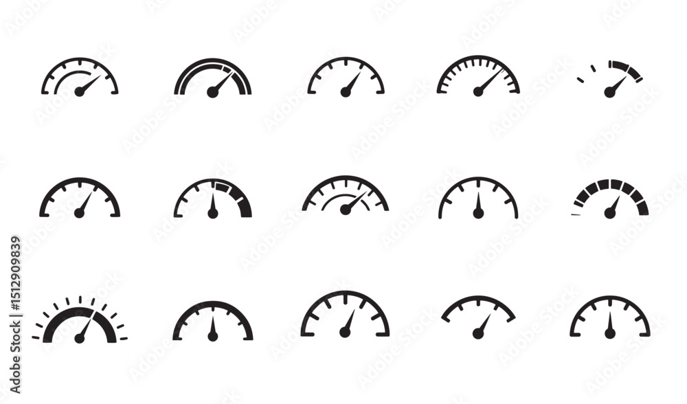 Poster collection of minimalist silhouette speedometer gauges demonstrating different performance levels