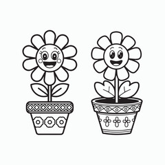 Cute Smiling Flower Pots Coloring Page for Kids Printable Art