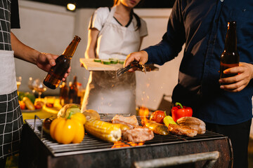 A cheerful summer barbecue gathering with friends and family grilling meat outdoors, enjoying food, laughter, and togetherness in a sunny garden.