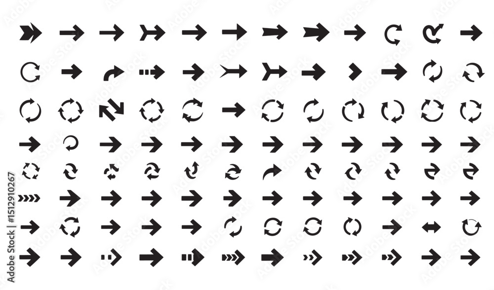 Poster collection of various black and white arrows directional icons and navigation elements