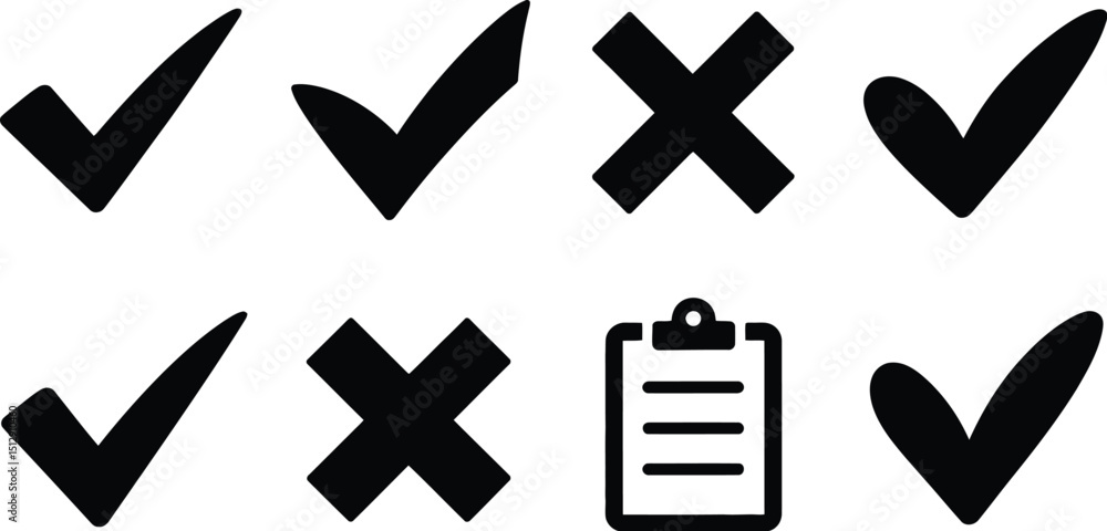 Poster a collection of check marks and x marks along with a clipboard icon on a white background image