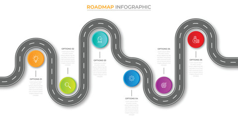 Infographic roadmap design template. Business Timeline of 6 Important Business Events annual business presentation. Vector illustration