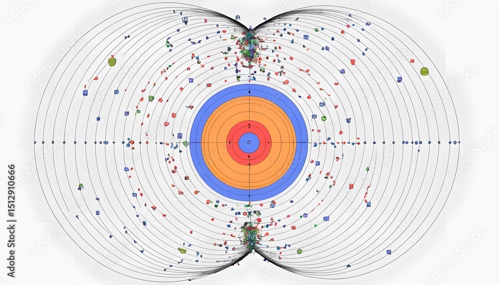 Poster abstract data visualization: concentric circles and scattered elements representing information dist