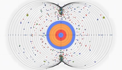 Abstract Data Visualization: Concentric Circles and Scattered Elements Representing Information Distribution