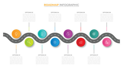 Infographic roadmap design template. Business Timeline of 8 Important Business Events annual business presentation. Vector illustration