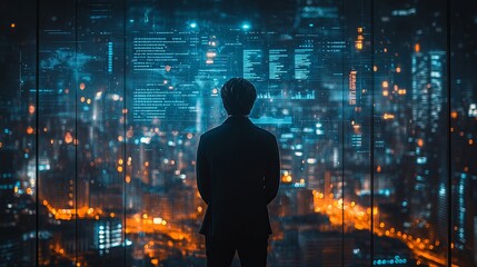 Silhouette of a person looking at a futuristic city skyline through a glass panel with data overlays