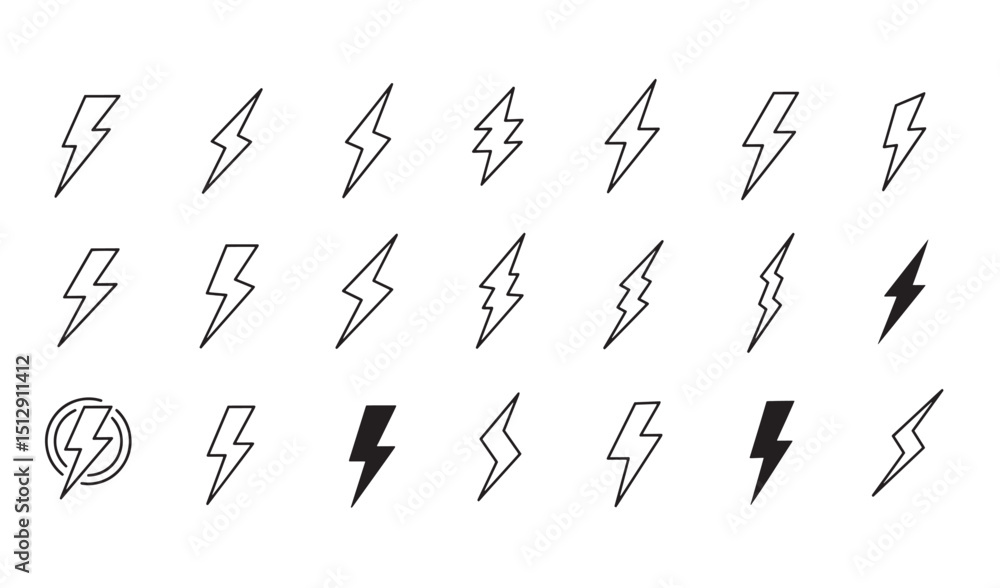 Poster collection of vector lightning bolt icons in simple outlined and silhouette styles