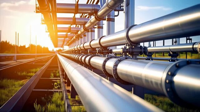Industrial metallic pipelines carrying fluids or gasses stretch through a natural area into the distance at sunset