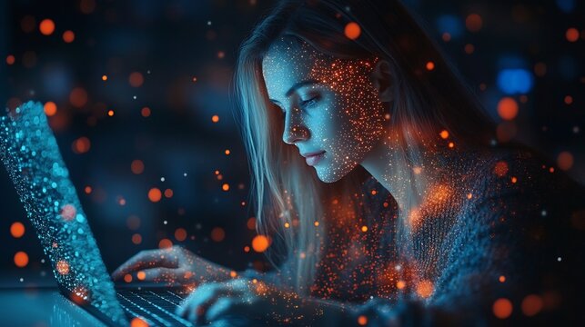 Woman Typing on Laptop with Glowing Blue Screen Amidst Orange Particles in Dark Background
