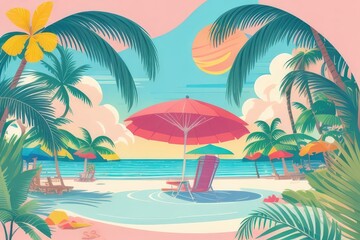 Obraz premium Summer Vacation Beach Illustration — Flat Vector with Palm Trees, Coconut Drink, and Sunset