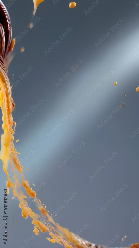 Poster a dynamic, eye-level shot of espresso and cream swirling with splashes, creating a high speed liquid