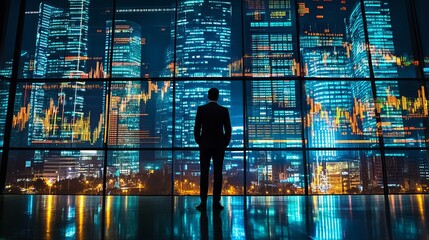 A businessman standing in front of a large window overlooking a cityscape at night with stock data overlayed
