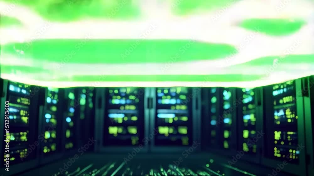 Poster glowing green cloud data storage illustration with digital lines in a server room, connecting data a