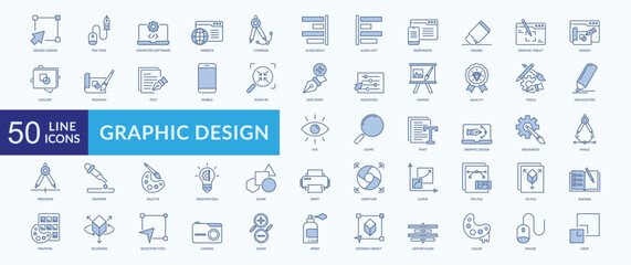 Graphic design icon collection set with mouse cursor, pen tool, computer software, website, painting