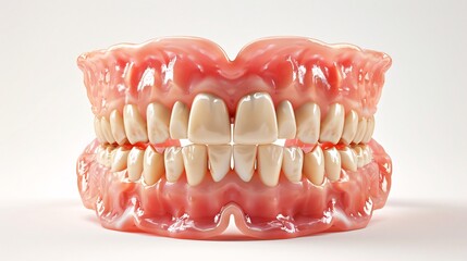 Obraz premium Denture Teeth on Pink Gums Isolated on White Background
