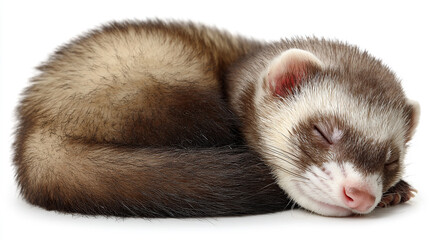 Adorable Ferret Curled Up and Sleeping Peacefully on a White Background Showcasing its Soft Fur and Delicate Features Perfect for Pet Lovers and Animal Enthusiasts Alike