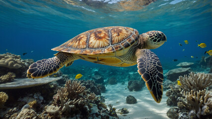 Obraz premium A sea turtle gracefully swimming close to the sandy ocean floor.