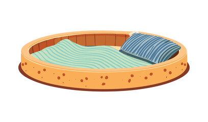 Beige Pet Bed with Blue Striped Blanket