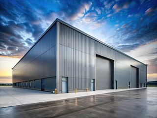 Modern Grey Warehouse Hangar Silhouette Exterior with Sectional Gate