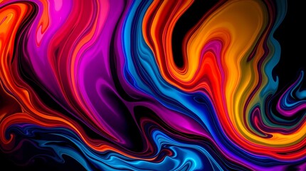 Abstract swirling colors in vibrant hues of red, purple, orange, and blue flow over a black background, creating a dynamic, fluid, and mesmerizing pattern
