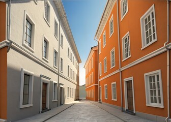 Fototapeta premium Narrow Alleyway Orange Building AI Photo, Alleyway, Urban Scene, Architecture, Cityscape, Photorealistic, Vivid Colors, Copy Space