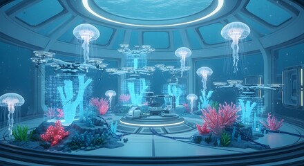 Futuristic underwater lab with glowing coral, jellyfish, and holographic structures, blending marine life with high-tech research and digital innovation.