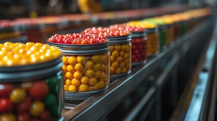 Glass Jars Filled with Tomatoes on Conveyor