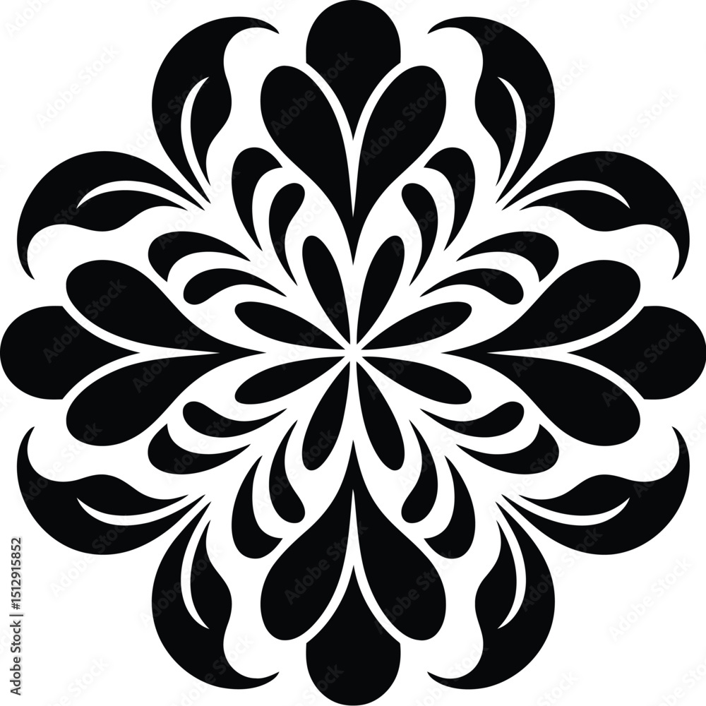 Aufkleber a symmetrical floral pattern in black and white with petal and leaf like shapes arranged in a circul