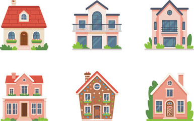 Charming Collection of Six Unique House Designs for Real Estate, Architectural Visualization, and Homebuyer Inspiration – High-Resolution Vector Illustrations for Adobe Stock flat vector illustration