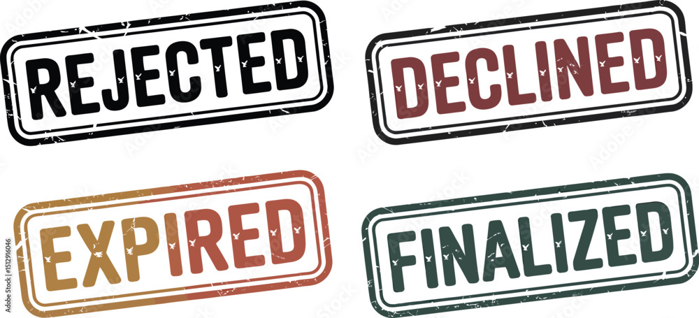 Poster a set of four stamps with different words rejected declined expired and finalized on a white backgro