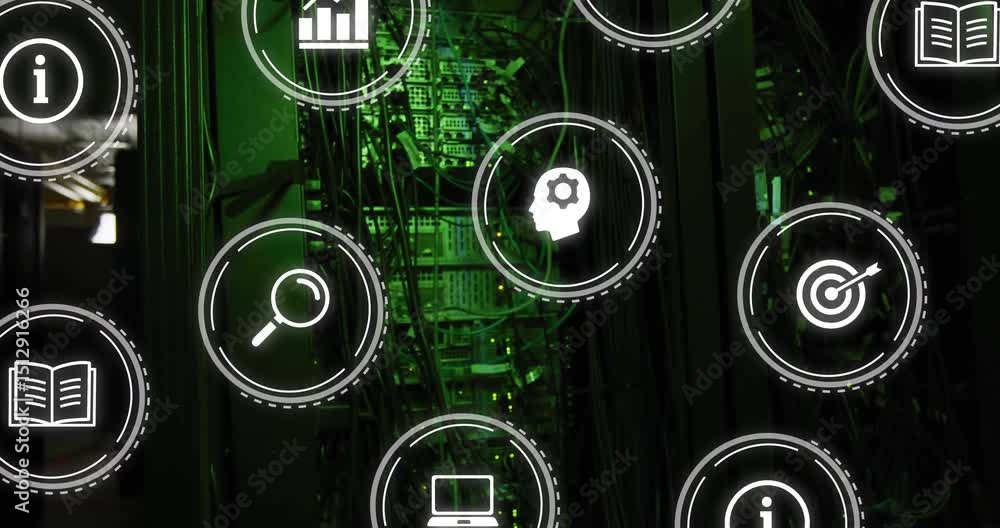 Poster scene focusing on dark server making icons fading rearranging around rack showing data connectivity