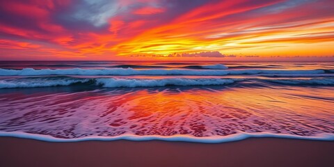 Fiery orange and purple sunset paints the tranquil ocean waves on a sandy beach, photography, peaceful